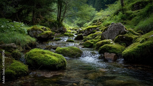 Forest river scene tranquil water flowing through lush green vegetation