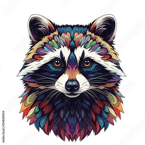 T-shirt print: 
Colorful illustration of a raccoon, bright, decorative, without background
