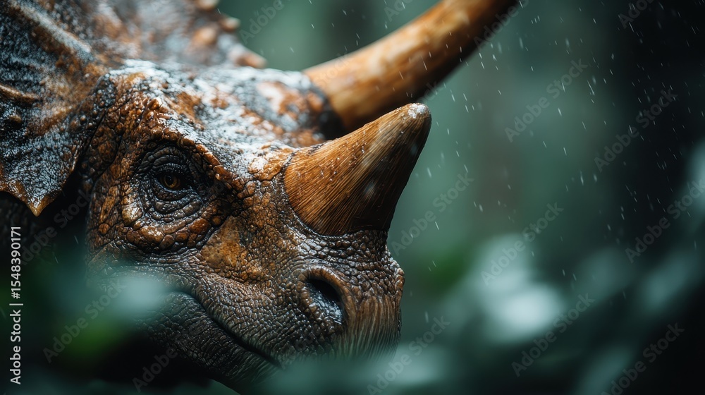 Obraz premium A close-up of a triceratops's intricate features, showcasing its textured skin and hallmark horns set against a misty backdrop, evoking a sense of prehistoric wonder.