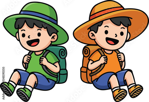Two cheerful boys with backpacks and hats sitting and smiling in colorful casual clothes vector illustration 