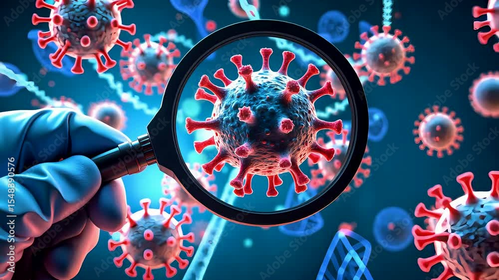 Virus particles under magnifying glass with medical glove in front of scientific blue background with molecules