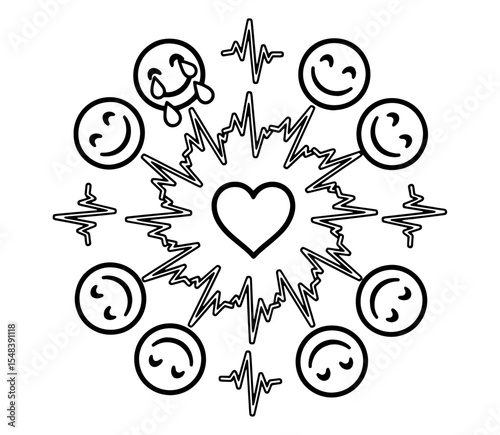 A Series for Alleviating Sadness and Treating Depression :
(54) Cycle of Emotions: Heart, Pulse, and Expressive Faces (Line Art for Coloring)
