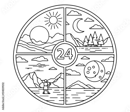 A Series for Alleviating Sadness and Treating Depression :
(48) The 24-Hour Cycle: Line Art of a Day and Night Mandala