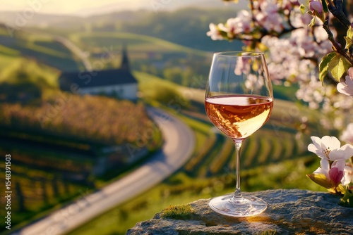 Idyllic vineyard scene with wine glass and flowers in Pfalz, Germany's Dornfelder winery, perfect for tasting events