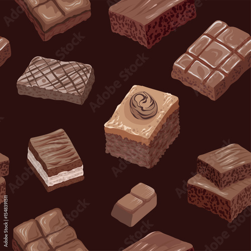 A vector illustration of a seamless pattern with chocolate brownies in different shapes and styles on dark chocolate background