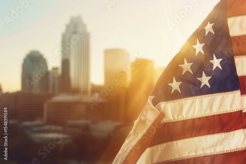  American flag with Raleigh skyline backdrop at sunrise, capturing patriotic spirit and cityscape charm in the USA.