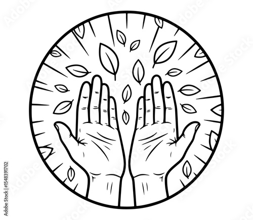 A Series for Alleviating Sadness and Treating Depression :
(43) Open Hands Receiving Leaves: Line Art for Support and Giving (for Coloring)