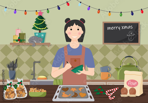 Woman baking Christmas gingerbread cookies in the kitchen. Holiday treats preparation. Kitchen interior with a welcome board. The kitchen is decorated for the Christmas holiday. Winter celebration and