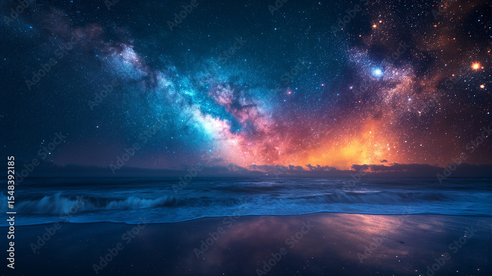 Fototapeta premium Realistic starry night over ocean horizon. Cosmic Milky Way illuminates waves under a vibrant sky. Ideal for sci-fi themes, dreamscapes, or cosmic artwork.