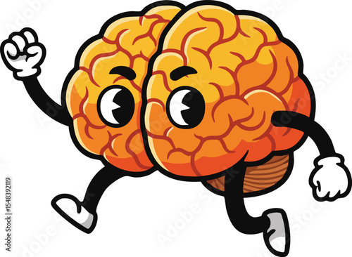 Cartoon brain character running with expressive eyes and energetic pose vector illustration 
