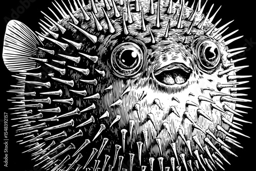 pufferfish with spiky defense pose and curious eyes in underwater, a black and white sketch vector