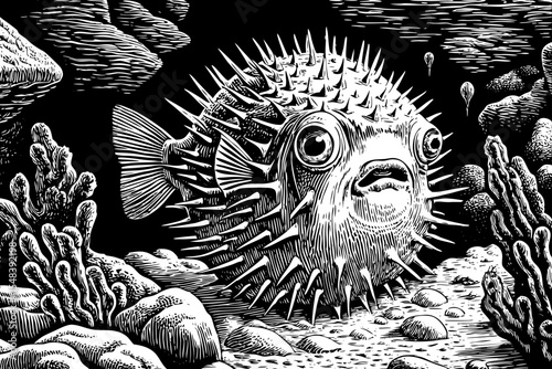 pufferfish with spiky defense pose and curious eyes in underwater, a black and white sketch vector