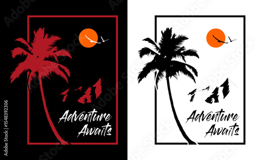 Adventure tshirt logo graphic creative landscape vector illustration for merchandise printing logo minimalism retro style vintage tree birds mountain sun sky nature