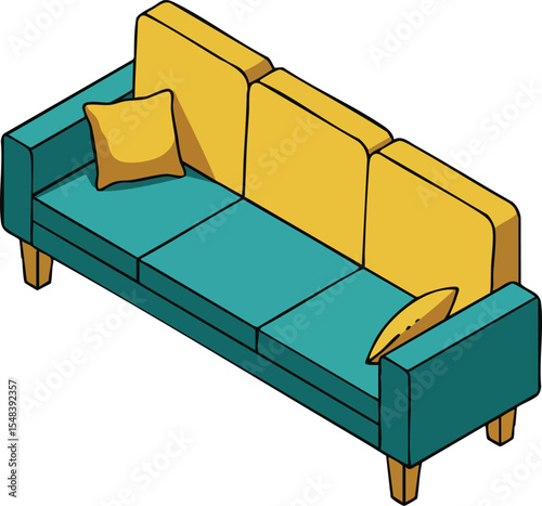 Modern teal and yellow three-seater sofa with wooden legs and cushions vector illustration 