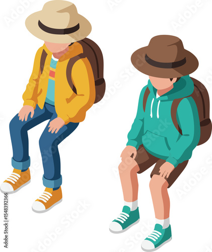 Two boys sitting wearing hats and backpacks casual outdoor clothing vector illustration 