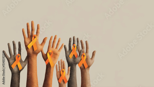 Diverse raised hands with orange ribbons for International Day to End Violence Against Women