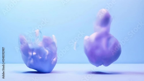 irregular plastic forms in light blue and lavender tones, floating in empty space, surreal but calm 