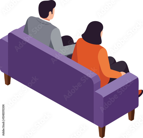 Couple sitting on purple sofa in casual clothing relaxing at home vector illustration 