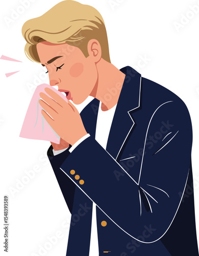 Man Sneezing into Tissue with Blonde Hair and Navy Blazer Vector Illustration Showing Cold or Allergy Symptoms