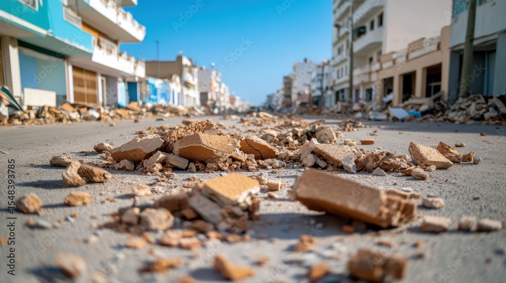 Fototapeta premium A devastating scene of an urban street littered with rubble and debris, showcasing the aftermath of an earthquake and the challenges cities face in rebuilding and recovery.