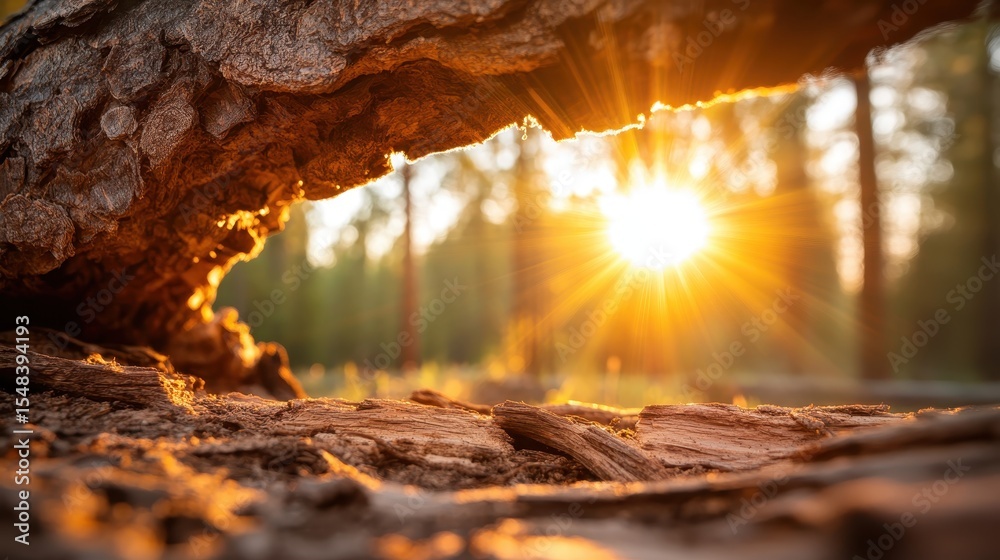 Fototapeta premium A stunning view of the sun rising through a natural arch, creating beautiful rays of sunlight amidst a serene forest landscape, evoking feelings of peace and tranquility.