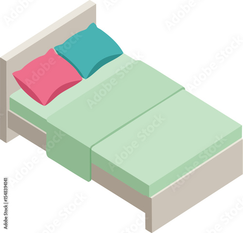 Isometric modern double bed with colorful pillows and green bedding illustration for interior design and home decor vector graphic 