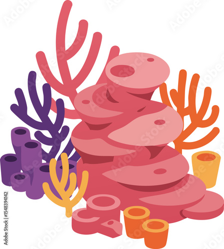 Colorful coral reef cluster with diverse shapes and vibrant orange purple pink coral structures underwater vector illustration 