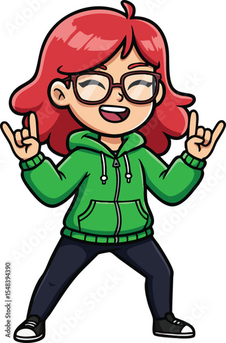 Cartoon redhead girl with glasses wearing green hoodie showing rock hand gesture happily