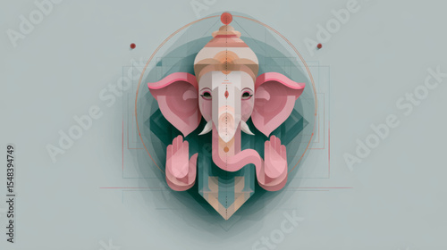 Soft pastel low poly Ganesha vector icon with modern geometric symmetry and clean copy space