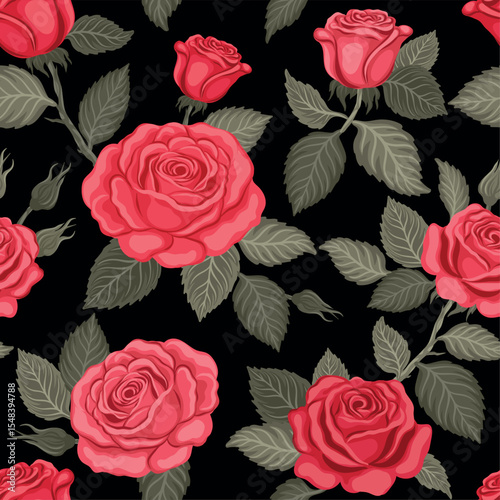 Seamless pattern with Rose flowers on black background. Vector colored print illustration for design