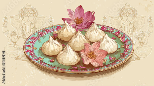 Decorative Modak offering plate with lotus flowers and Ganesha line art in festive vector style