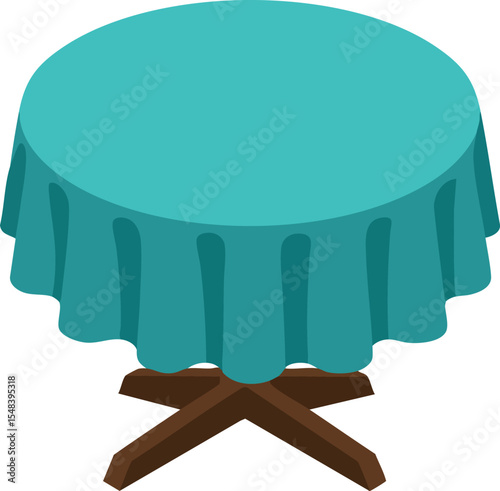 Round table with turquoise tablecloth and wooden base vector illustration for interior design and decor ideas