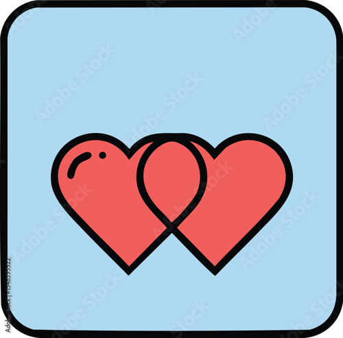 Two overlapping red hearts icon with blue background vector illustration for love and relationship concepts
