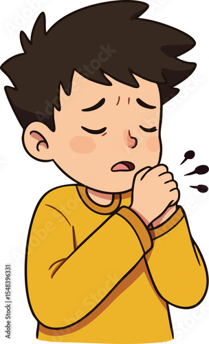 Boy coughing with yellow sweater showing symptoms of illness and discomfort vector illustration 