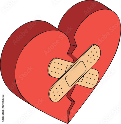 Broken heart with adhesive bandage in red tones symbolizing healing and emotional recovery vector illustration 