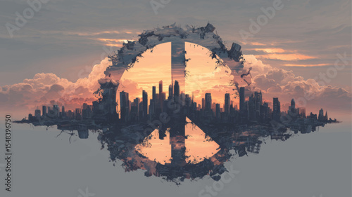 Vector illustration of peace symbol over war-torn skyline at sunset for Hiroshima Day awareness
