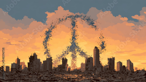 Vector illustration of peace symbol over war-torn skyline at sunset for Hiroshima Day awareness
