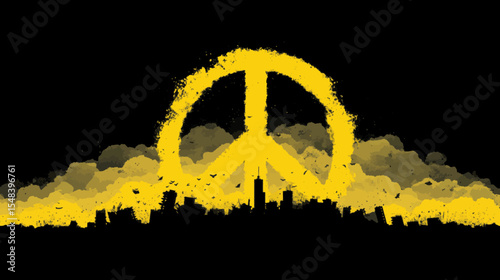 Vector illustration of peace symbol over war-torn skyline at sunset for Hiroshima Day awareness