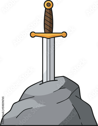 Sword embedded in rock symbolizing legend and medieval weapon with detailed handle and blade vector illustration 