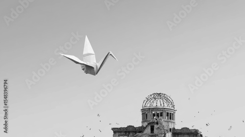 Minimalist grayscale vector of white origami crane over ruined building for Hiroshima Day tribute