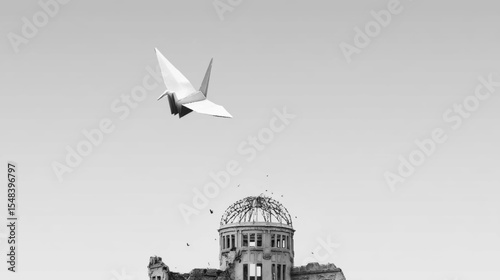 Minimalist grayscale vector of white origami crane over ruined building for Hiroshima Day tribute