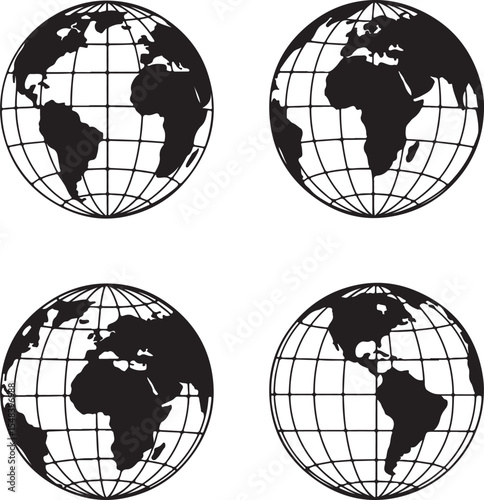 Four Different World Globe Views Displaying Continents with Grid Lines and Representing Geographical Perspectives in a Graphic Format