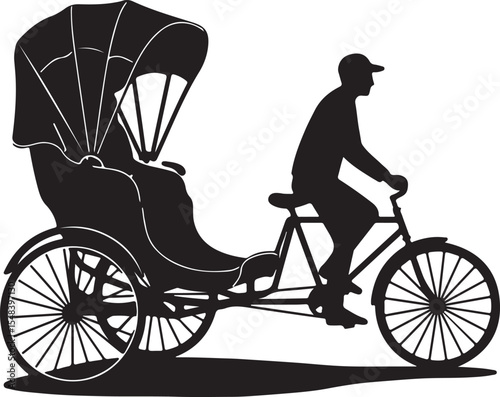 Silhouette of a Man Riding a Cycle Rickshaw Transporting Passengers Through Streets with Ornamental Carriage, an Eco Friendly Transport