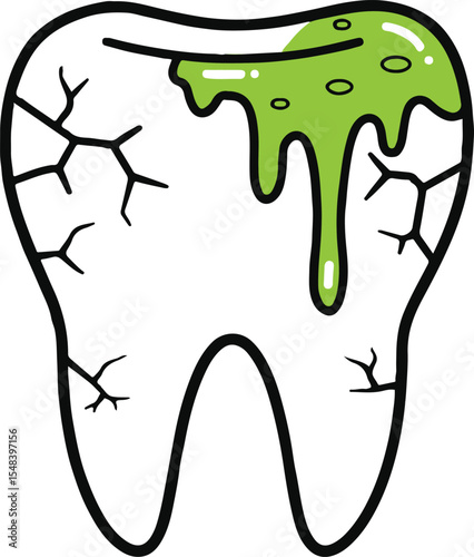 Tooth Decay Cartoon Illustration Showing a Tooth Covered in Bacteria and Cracks, Indicating Poor Dental Hygiene and Potential Tooth Loss