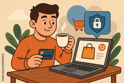 Secure online shopping concept with man using laptop and credit card. E-commerce illustration of a happy customer making a purchase with data protection shield and padlock icon.