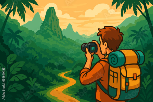 Man backpacker taking photo of jungle mountain landscape. Hiker with camera on adventure travel vacation. Tourist photographer exploring tropical rainforest. Vector cartoon illustration.