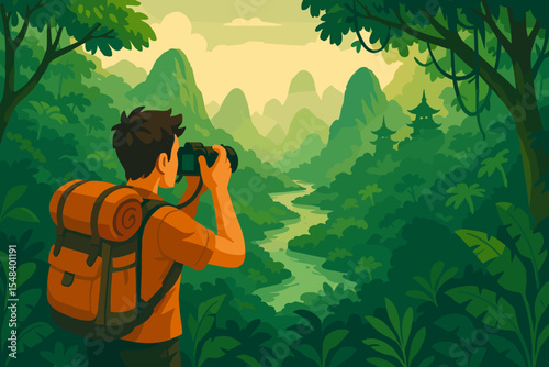 Backpacker photographer taking photo of jungle landscape. Man on adventure hike with camera in asian rainforest. Travel tourism vector illustration. Ecotourism discovery concept.
