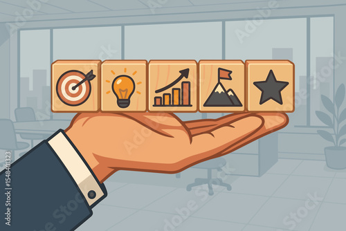 Business goal concept with a hand holding wooden cubes with strategy icons. Target, idea, growth, mission, and success symbols for career development and planning in an office.
