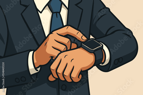 Businessman in a suit adjusting his smartwatch. Vector cartoon illustration of a professional using wearable technology for time management, productivity, and modern business life.