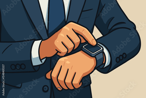 Businessman hands adjusting a smart watch. Man in suit using a modern wearable technology gadget. Concept for business, time management, and connectivity. Cartoon vector illustration.